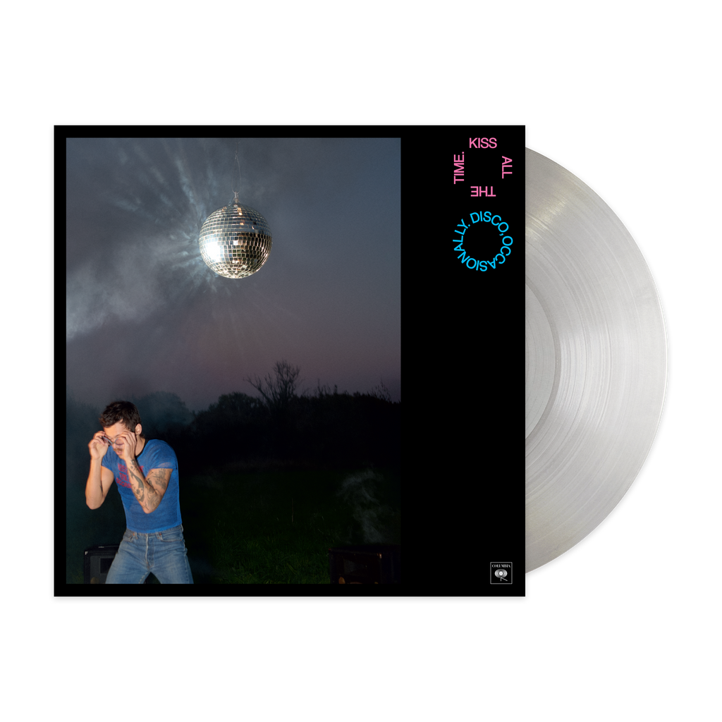 Harry Styles - KISS ALL THE TIME. DISCO, OCCASIONALLY. Front view of limited edition grey/white smoke machine vinyl LP.