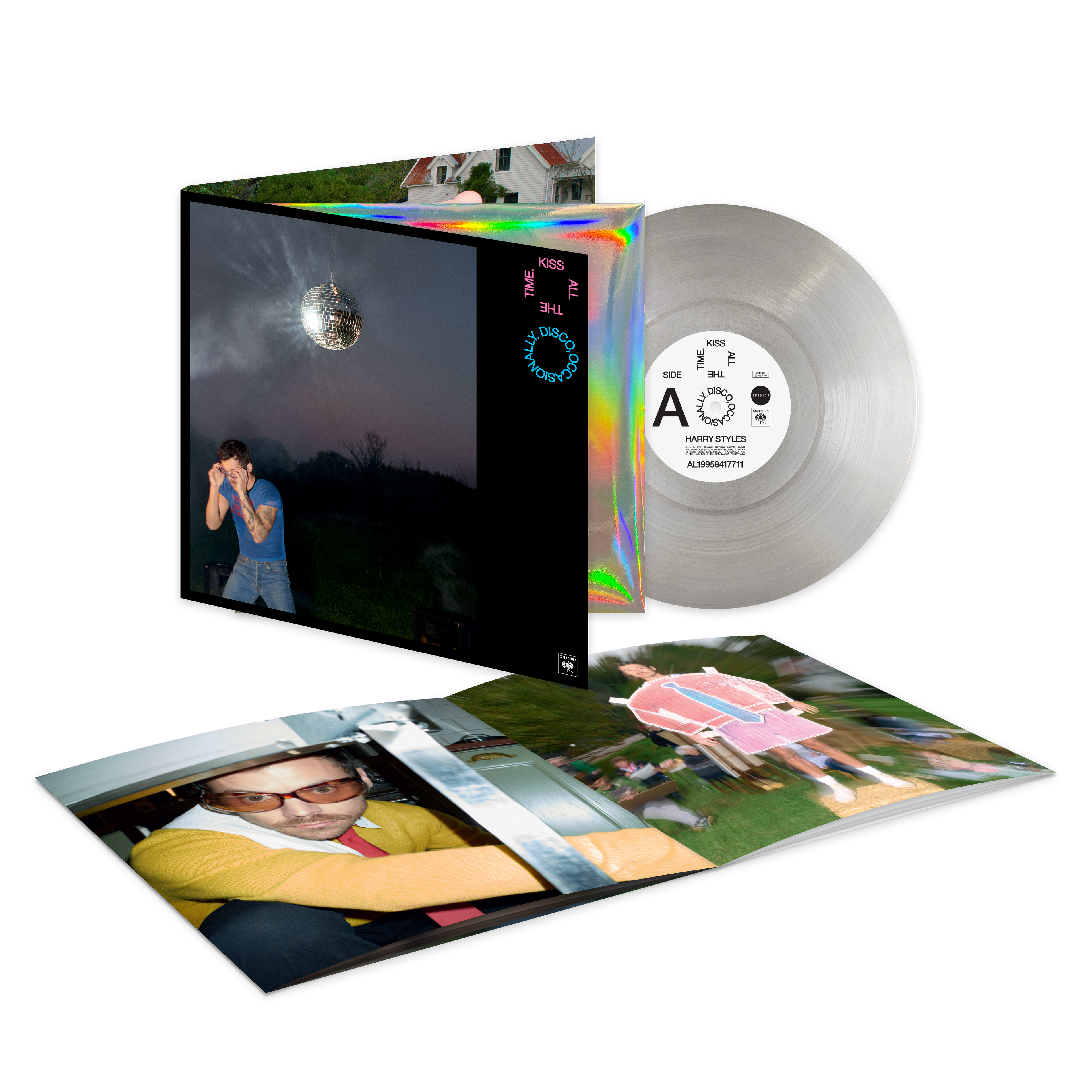 Harry Styles - KISS ALL THE TIME. DISCO, OCCASIONALLY. Front view of limited edition grey/white smoke machine vinyl LP.