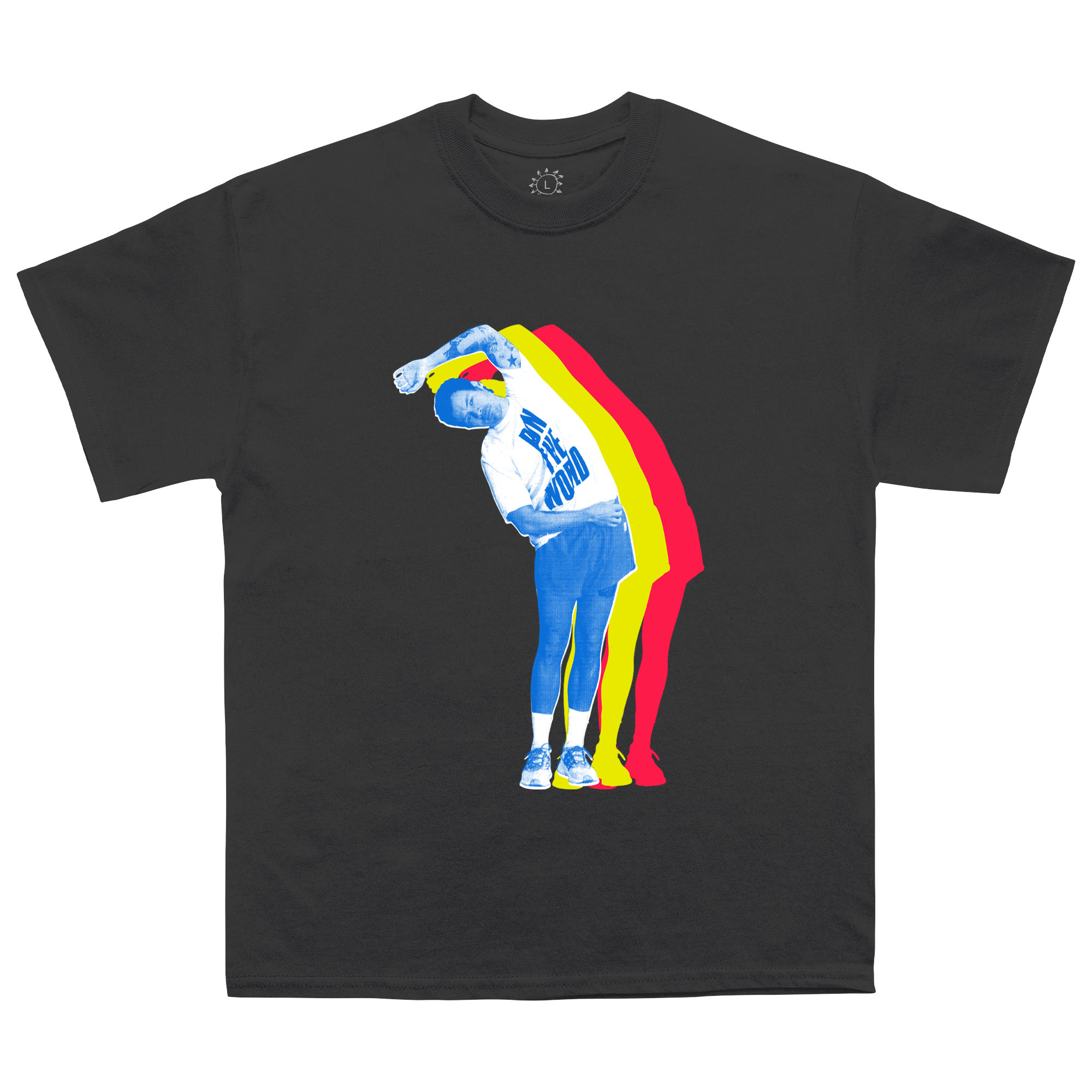Black short-sleeve t-shirt with stretch print across the front.