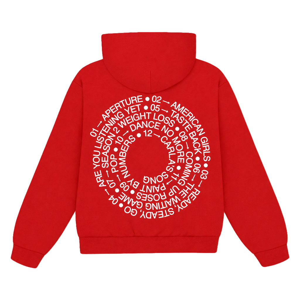 Back of a red hoodie with “KATTDO” tracklist printed across the back in white text.