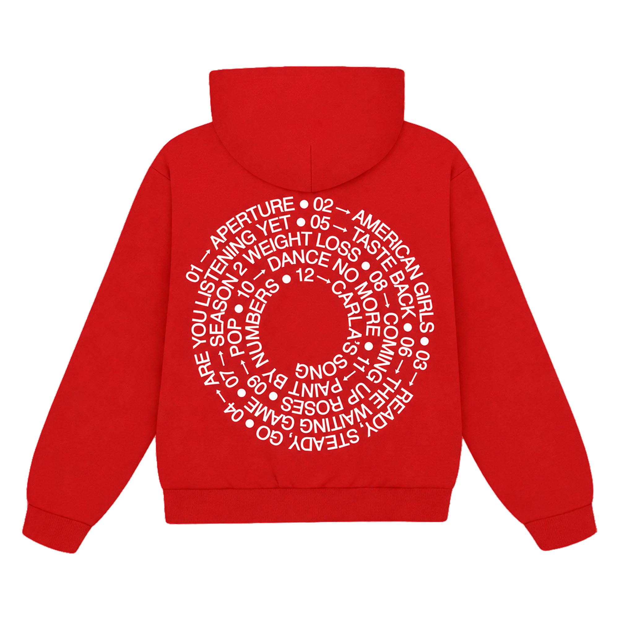 Back of a red hoodie with “KATTDO” tracklist printed across the back in white text.