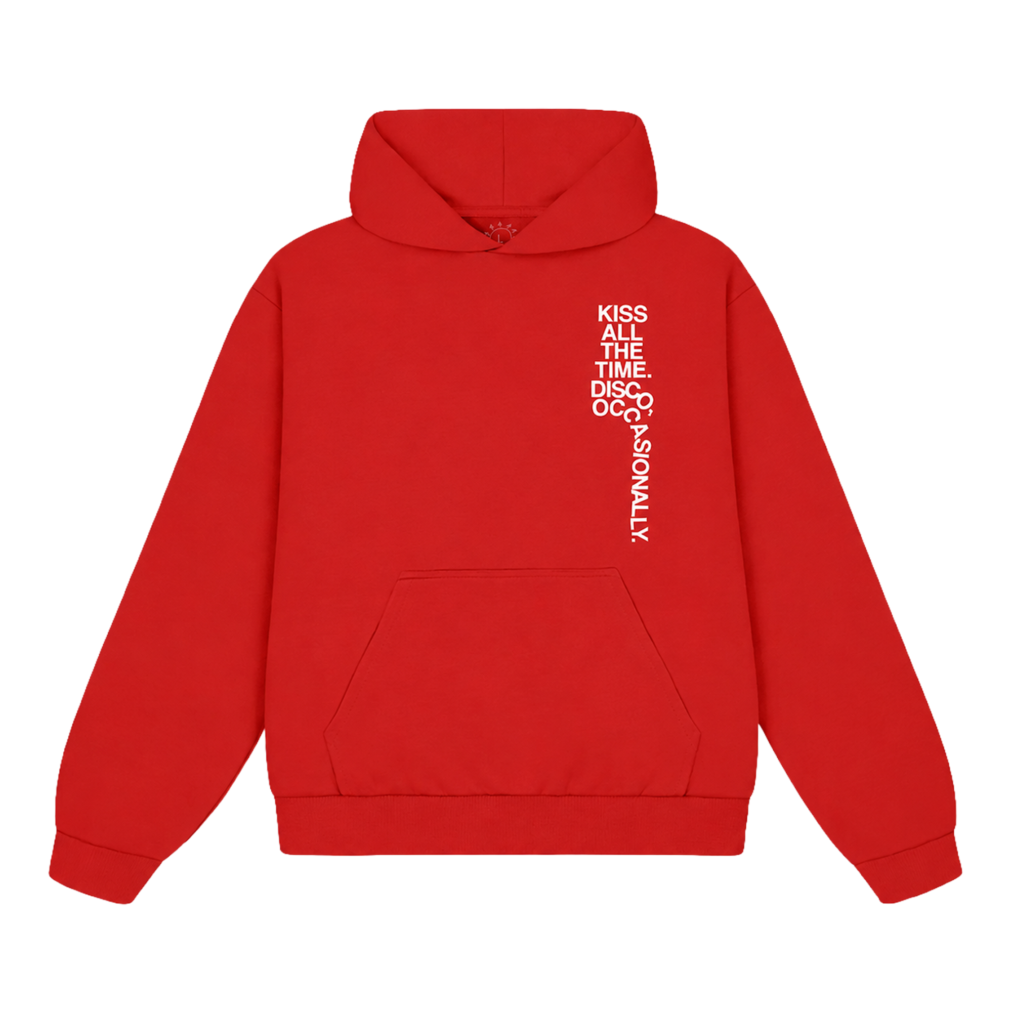 Red hoodie with white text printed across the front reading “Kiss All the Time, Disco Occasionally.”